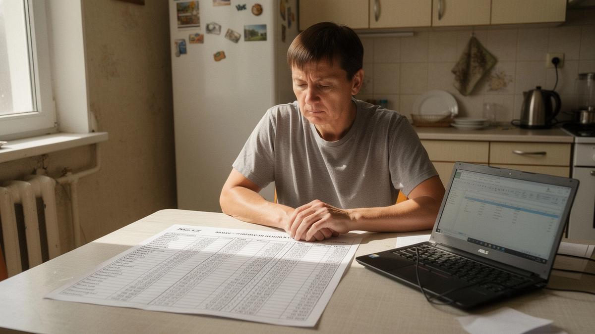 Landlord reviewing a printed monthly rental ledger beside a laptop on a kitchen table in Kyiv